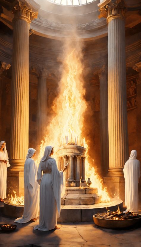 Lexica - An artistic representation of the Vestal Virgins in their white robes, tending to the sacred fire in the Temple of Vesta. Fire Goddess Aesthetic, Sacred Feminine Art, Vestal Virgin, Oracle Art, Eternal Flame, Sea Of Stars, Magical Life, Roman Mythology, Sacred Feminine