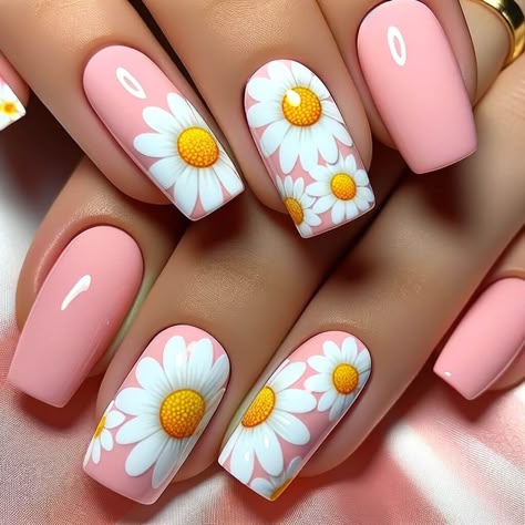 June Nails Ideas 2024, Daisy Acrylic Nails, Daisy Nail Art, Prom Nails Silver, Chic Nail Art, Sunflower Nails, Spring Acrylic Nails, Floral Nail Designs, Daisy Nails