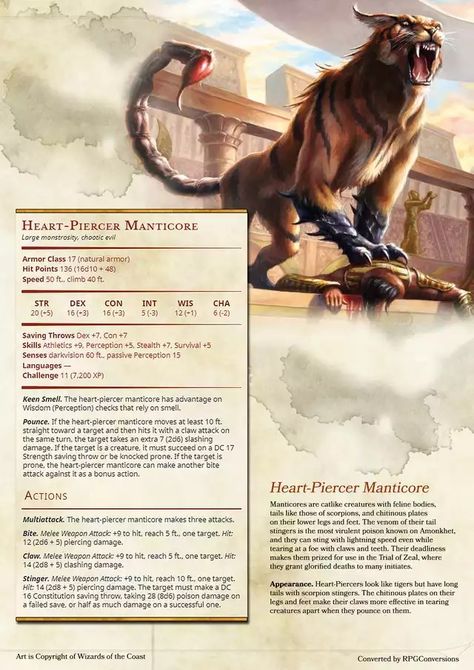 Manticore Dnd 5e, Mtg Dnd Homebrew, D&d Stat Blocks, Dnd Manticore, D&d Mounts, Homebrew Creatures 5e, D D Homebrew Monsters, D&d Enemies, D&d Beasts