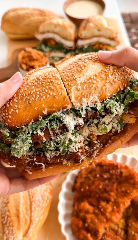 Chicken Cutlet Kale Caesar Sandwich | Moribyan Kale Chicken Caesar Wrap, Kale Sandwich Recipes, Ceaser Chicken Salad Sandwich, Best Summer Sandwiches, Chicken Cesar Cutlet, Chicken Grinder Sandwich, Chicken Sandwich Toppings, Warm Sandwich Recipes, Sandwich Ideas For Dinner