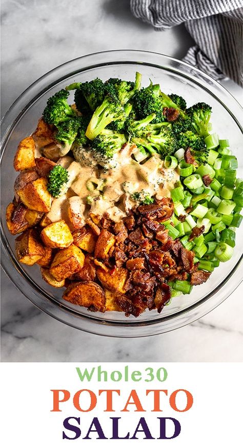 Whole 30 Tailgate Food, Potato Broccoli Salad, Whole 30 Veggies, Broccoli Potato Salad, Bacon Broccoli, Whole 30 Potato Recipes, Whole30 Salad, Broccoli And Potato Recipes, Whole30 Side Dishes For Bbq