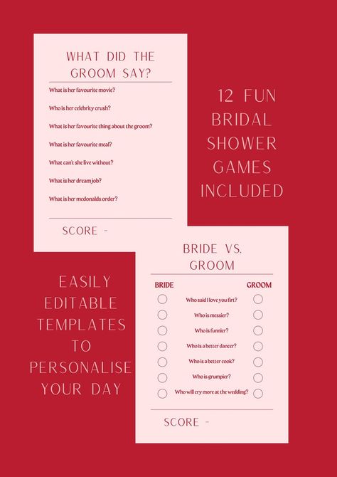 This template includes twelve editable games sure to impress the bride-to-be and get the party started! GAMES INCLUDED - 1- Would she rather 2- Around the world 3- Bride vs. Groom 4- What did the groom say? 5- How old was she? 6- Put a ring on it 7- Name that song 8- Date Night Idea 9- Marriage Advice 10- Guess the dress 11- Vow Mad Libs 12- Whose Memory?