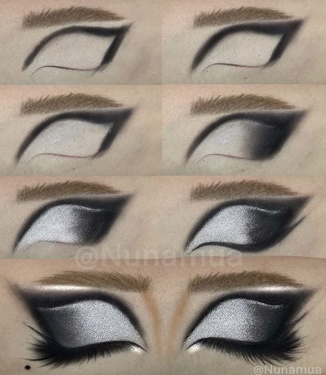 Black N White Makeup Looks, Cruella Deville Eye Makeup, Black White And Grey Eye Makeup, Black And White Makeup Ideas, White And Black Eye Makeup, Cruella Eye Makeup, Black And White Smokey Eye, White And Black Makeup Looks, Black And White Makeup Looks Eyeshadows