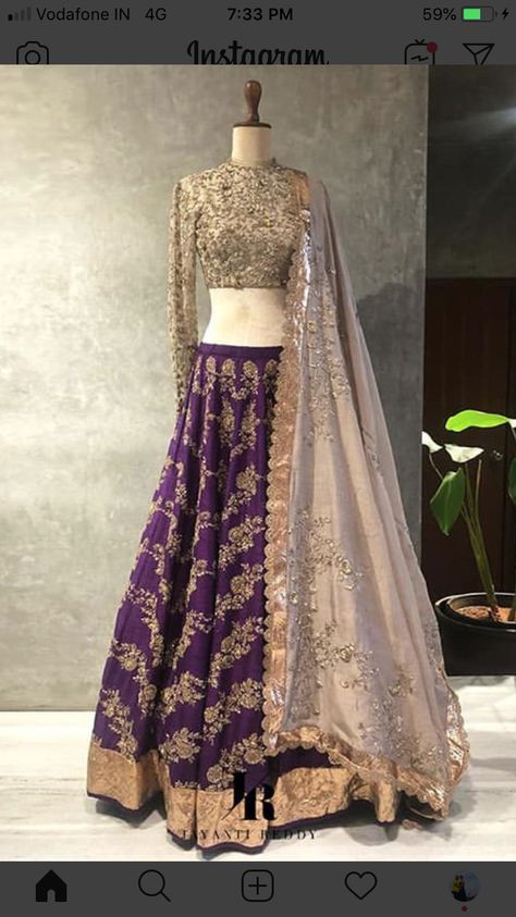 Contrast Colour Combination Lehenga, Half Saree Lehenga Color Combinations, Wine Colour Lehenga, Sangeet Dresses, Long Skirt Top Designs, Indigo Saree, Mehendi Outfit, Blouse Designs High Neck, Jayanti Reddy