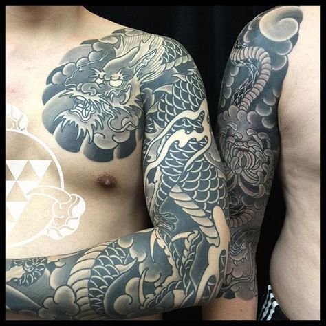 Japanese Dragon Full Sleeve Tattoo, Black And Grey Japanese Dragon Tattoo, Black And Grey Japanese Sleeve, Japanese Dragon Sleeve Tattoos, Japanese Sleeve Tattoos Black And Grey, Japanese Tattoo Art Traditional Black, Japanese Tattoo Black And Grey, Japanese Dragon Sleeve Tattoo, Black And Grey Dragon Tattoo