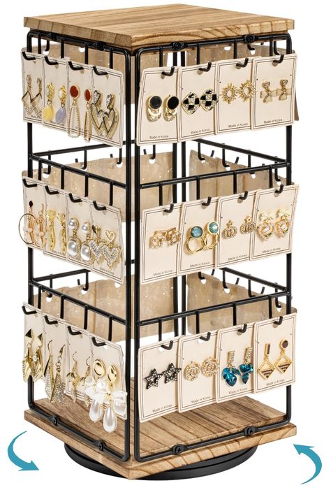 PRICES MAY VARY. Rotating Wooden Jewelry Display: This earring holder organizer sits on a rotating stand, which display your jewelry in all directions. It can display various types of earrings and necklaces or keychains in four sides, increasing earring display opportunities. Attractive and Sturdy: Our rotate jewelry display racks are made of solid wood and strong metal, durable and sturdy to ensure long term use. This earring display stands are perfect for showcasing your beautiful earrings and Product Stand Display, Earrings Display Stand, Jewellery Stall Display Ideas, Accessories Display Ideas, Earrings Display Ideas, Jewellery Display Ideas Shops, Earring Stand Display, Rotating Earring Display, Jewellery Mannequin