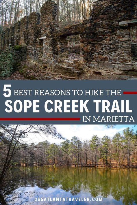 Sope Creek in Marietta is one of our favorite metro Atlanta family friendly hikes. Not only is it a great place to get outside, but it offers a bit of Georgia history that you can actually touch. Here's everything you need to know about Sope Creek and this fun hiking trail in metro Atlanta. Georgia History, Georgia Vacation, Marietta Georgia, North Georgia Mountains, Georgia Travel, Paper Mill, Georgia On My Mind, Hiking Trail, Get Outside