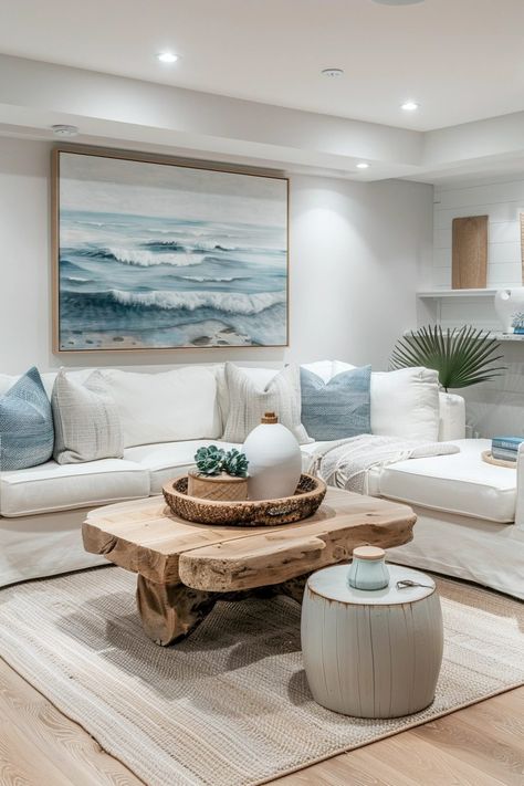 29 Basement Living Room Ideas to Transform Your Space 3 Beach Themed Basement, Mountain Coastal Decor, Coastal Basement Ideas, Coastal Theme Living Room, Beach Theme Living Room Coastal Style, Surf Living Room, Beach Theme House, Coastal Boho Living Room, Basement Living Room Ideas