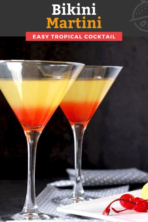 This Bikini Martini Cocktail with fruity tropical flavors and beautiful colorful layers is like a sunset in a glass. Made with coconut rum, vodka, grenadine and pineapple juice, this easy to make martini is always a showstopper! #cocktail #vodka #Maliburum Vodka And Pineapple Juice, Martinis Drinks, Pineapple Chunks, Maraschino Cherries, Martini Recipe, Lemon Blossoms, Vodka Martini, Drinks Alcohol, Martini Recipes