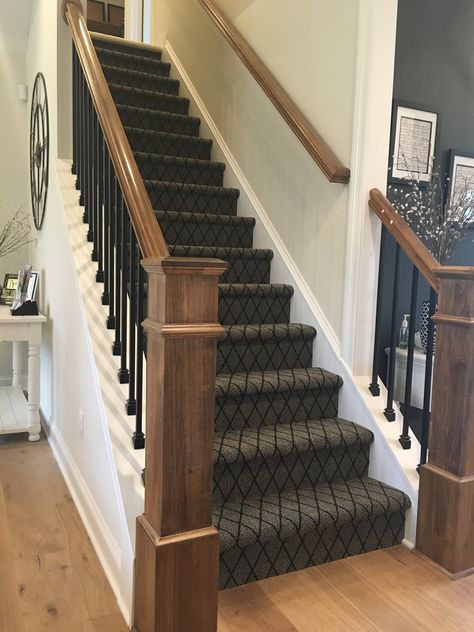 Hardwood Floors With Carpeted Stairs, Stairs Ideas Carpet And Wood, Carpeted Family Room Wall To Wall, Dark Carpet Staircase, Updated Stairs With Carpet, Carpeted Stairs With Wood Floors, Carpet On Steps With Wood Floors, Dark Carpet On Stairs, Carpet Steps Ideas