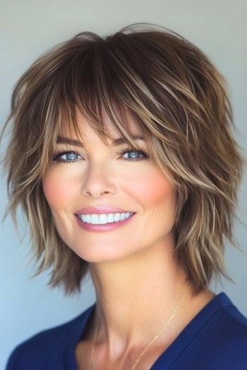 Save this pin for the best shag hairstyles for fine hair. This wispy shag is a perfect option if you want volume without losing softness. The shorter layers give a fantastic texture that works with the natural movement of your hair. Shaggy Bob For Thinning Hair, Wendy Moniz Hair, Lisa Rinna Short Hair, Shag Bob Thick Hair, Short Top Layers Medium Hair, Shag Bob Haircut For Fine Hair, Shorter Shag Hairstyles, Short Shag Hairstyles For Fine Hair, Mid Length Stacked Bob Haircut