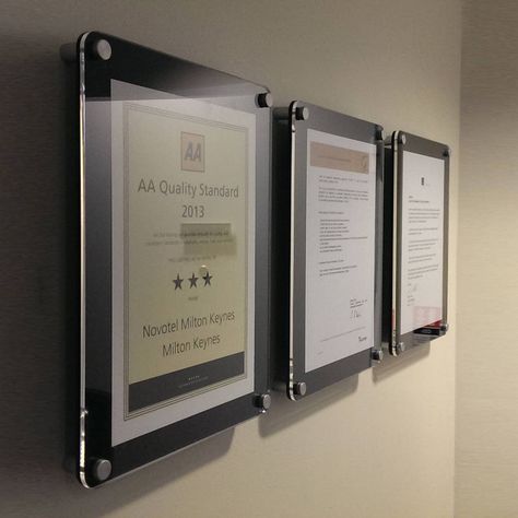 A smooth design of a wall mounted photo frame, ideal for displaying achievements, diplomas and certificates. A beautifully designed frame with rounded corners, this can be used in many different situations such as schools, restaurants and several businesses. The frame has been designed from two pieces of acrylic which sandwich your certificate together, holding it securely in place.  The frames are available with a black or white back panel which provide a 3cm border around your frame. Certifica Missions Wall, Diploma Wall, Diploma Display, Wall Display Case, Trophy Display, Acrylic Photo Frames, Certificate Frames, Certificate Design, Wedding Picture Frames