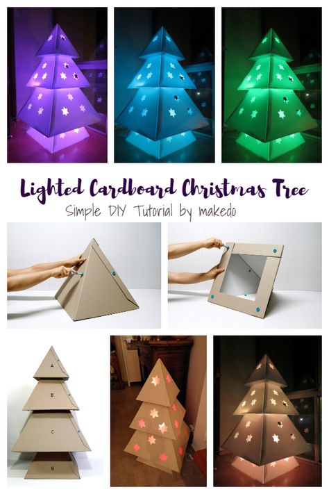 Lighted Cardboard Christmas Tree DIY Tutorial Christmas Diy Tree Decor, Recycled Christmas Decorations, Cardboard Christmas Tree, Cardboard Christmas, Diy Tree Decor, Diy Christmas Lights, Christmas Light Installation, Hanging Christmas Lights, Toy Sewing