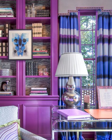 Lilac Living Rooms, Purple Library, Faux Zebra Rug, Purple Headboard, Purple Interior Design, Lavender Walls, Purple Furniture, Lilac Painting, Purple Shades