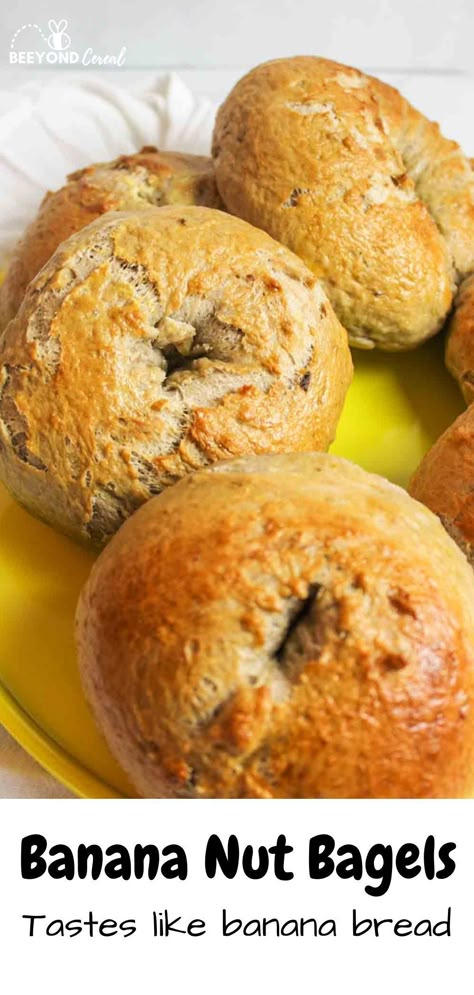 Breakfast just got better with homemade banana bread bagels. With crunchy walnuts, chewy bagel, and spiced banana flavor in every bite, these bagels are a perfect addition to your morning routine. Made with ripe bananas, these tasty homemade bagels are a combination of your favorite breakfast foods. You're going to love these chewy, soft, and easy bagels! Banana Bagel Recipe, Hawaiian Bagel Recipes, Banana Bread Bagels, Fruit Bagel Recipe, Spinach Bagel Recipe, Sourdough Bagel Recipes, Flavored Bagel Recipe, New York Bagels Recipe Homemade, Unique Bagel Flavors