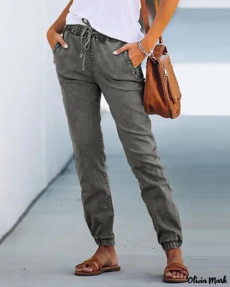 Drawstring Jeans, Look Legging, Slim Denim, 50 Fashion, Looks Style, Casual Denim, Outfits Casuales, Primavera Estate, Olivia Mark