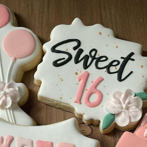 Kelly Lupino Hellwig on Instagram: "Wishing this young lady a Happy sweet 16th Birthday🥳  #cookie__tastic #sweet16 #sweet16cookies #happybirthdaycookies #royalicing #16thbirthday" 16 Birthday Cookies, 16 Cookies, Birthday Sugar Cookies, Sweet 16th Birthday, Lady A, Sweet 16 Birthday, Birthday Cookies, 16th Birthday, Royal Icing