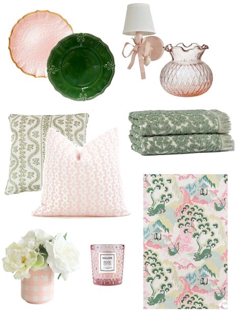 Boho Regency Decor, Soft Pink And Green Bedroom, Pink And Green Pastel Bedroom, Green And Pink Decor Bedroom, Neutral Pink And Green Living Room, Pink Grand Millenial, Green And Pink Guest Room, Pink And Green Bedroom Artwork, Pink Green Gray Bedroom