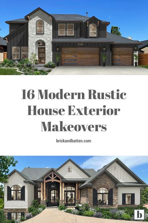 A #modernrustic house is technically an oxymoron. The words 'modern' and 'rustic' are opposites. But the good thing about opposites is that they sometimes attract and create a long-lasting relationship. At brick&batten, we love to create interesting and unexpected design elements that simultaneously surprise and just make sense. These 16 modern rustic house exterior makeovers will inspire you to combine opposites in interesting ways to create the #homedesign of your dreams. #curbappeal Modern Farmhouse Rock Exterior, Spec House Exterior, All Siding House Exterior, Mixing Exterior Materials, Contemporary Rustic Exterior, Stone House Designs Exterior, All Brick Farmhouse Exterior, Mixed Material Home Exterior, Mixed Material Exterior House