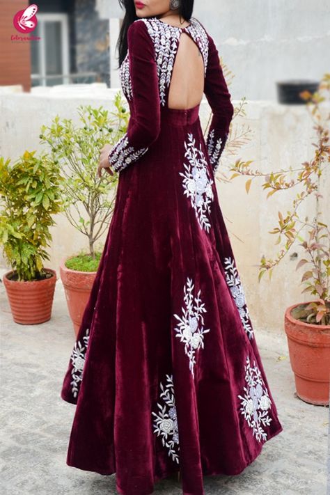 Wine Velvet Padded Dabka Zardosi Handwork Floor Length Gown - Dresses Velvet Indian Gown, Velvet Gown Designs Indian, Velvet Dress Designs Gowns Indian, Velvet Long Dress Gowns, Velvet Gown Indian, Velvet Dress Designs Gowns, Velvet Gowns Evening Dresses, Velvet Designer Dresses, Floor Length Dresses Indian