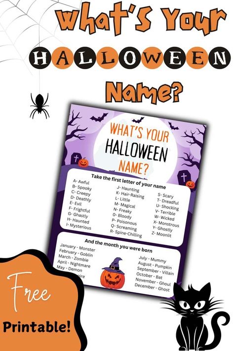 Use our funny Halloween Generator printable to find your new spooky name! What's your Halloween name? Great icebreaker game for Halloween parties! Pumpkin Painting Party, Blueberry Print, Classroom Party Games, Halloween Party Activities, Halloween Names, Pumpkin Carving Contest, Cupcake Birthday Party, Pumpkin Carving Party, Name Game