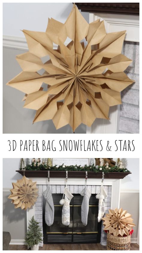 Paper Bag Stars Christmas, Snowflakes Out Of Paper Bags, Paperbag Snowflakes Diy, Paper Bag Stars, Paper Bag Snowflakes, Bag Snowflakes, Printable Snowflake Template, 3d Paper Star, 3d Snowflakes