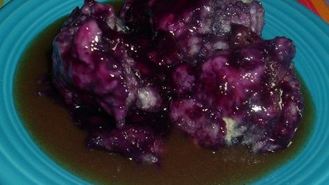 Basic flour dumplings are simmered in a simple blueberry syrup for a quick, easy dessert. Blueberry Dumplings, Appalachian Recipes, Flour Dumplings, Swiss Recipes, Dumpling Dough, Blueberry Picking, Sour Cream Coffee Cake, Blueberry Syrup, Dumplings Recipe