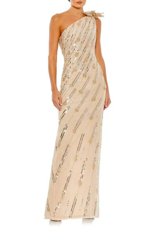 Gold One Shoulder Dress, Mac Duggal Dress, Mac Duggal Dresses, One Shoulder Gown, Column Gown, Sequin Gown, Mac Duggal, Mesh Overlay, A Line Gown