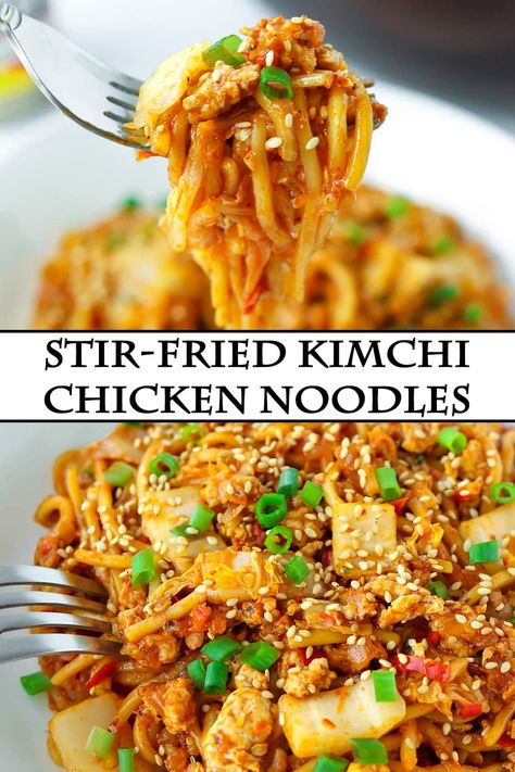 Fried Kimchi, Stir Fry Kimchi, Kimchi Chicken, Kimchi Noodles, Chicken Noodles, Fermented Cabbage, Korean Chicken, Kimchi Recipe, Stir Fry Noodles