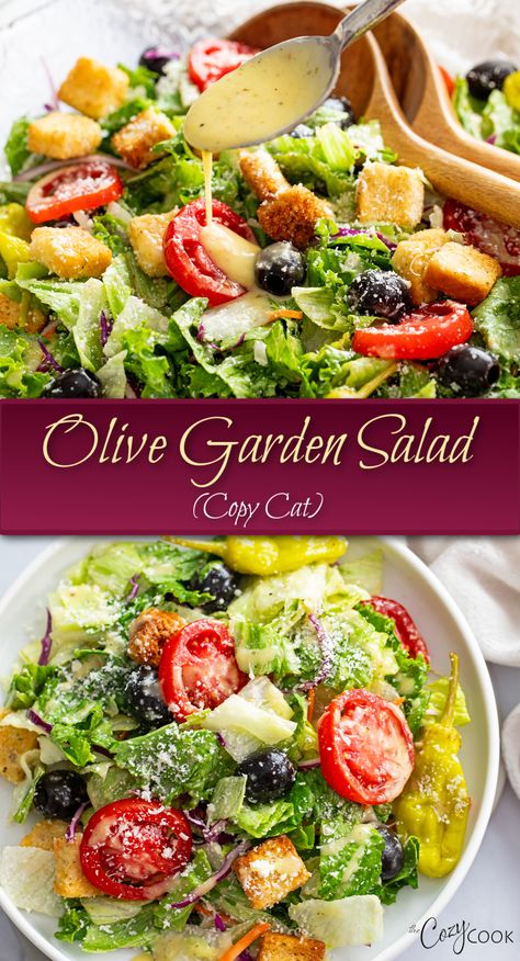 copy cat Olive Garden Salad with tomatoes, lettuce, black olives, croutons and pepperoncini's. Salad From Olive Garden, Best Salad With Spaghetti, Olive Garden Salad Dressing Recipe Chicken, Salad Recipes With Balsamic Vinegar, That Good Salad Taste Of Home, Olivia Garden Salad, Salad To Pair With Pasta, Side Salad Recipes Italian, Side Salad Italian