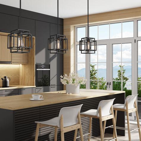 17 Stories Titania 1 Light Mini Pendant | Wayfair Black Kitchen Island Pendant Lights, Upstairs Design, Counter Lighting, Chandelier Luxury, Kitchen Island With Sink, Led Kitchen, Classy Kitchen, Golden Crystal, Condo Kitchen