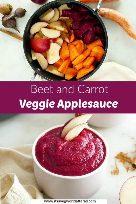 Unsweetened Applesauce with Veggies - this beautiful applesauce has extra fiber and nutrition from beets and carrots and no added sugar! It's a healthy, homemade treat for babies, toddlers, and adults. #applesauce #nosugaradded Homemade Applesauce With Veggies, Applesauce With Veggies, Blw Beets, Beets For Babies, Beet Applesauce, Veggie Applesauce, Unsweetened Applesauce Recipe, Beets And Carrots, Applesauce Recipe