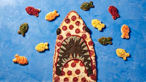 Shark Pizza, Nautical Theme Party Decorations, Red Pepper Pizza, Jawsome Shark, Camping Ideas Food, Mega Shark, Olive Paste, Shark Week Party, Desert Party