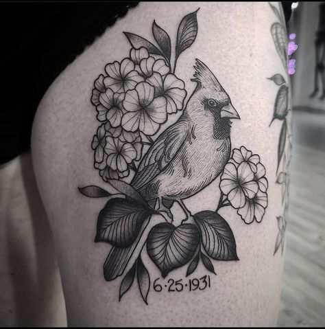 Cardinal Tattoo Black And Grey, Cardinal And Sunflower Tattoo, Black And Grey Cardinal Tattoo, Cardinal With Flowers Tattoo, Cardinal And Flower Tattoo, Cardinal Meaning, Filler Tattoos, Hydrangea Tattoo, Bird Tattoos Arm