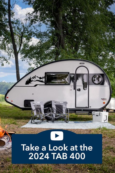 The TAB 400 is our largest and most spacious teardrop trailer. With the optional hidden bunk, the TAB 400 is the perfect towable trailer for small families. This model features a kitchenette, a designated sleeping area, a spacious wet bath, and a comfortable dinette that converts into a bunk or a secondary sleeping area. Tab Camper Teardrop Trailer, Tab 400 Trailer Interior, Teardrop Trailer For Sale, Cosy Camping, Tab Trailer, Teardrop Trailer Camping, Airstream Living, Mini Caravan, Wet Bath