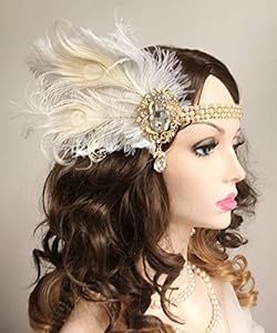 20s Headpiece, Flapper Hair, Gatsby Hair, Gatsby Headpiece, Flapper Headpiece, Vintage Feather, Flapper Headband, Feather Headpiece, Headband White