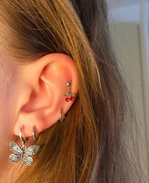 Lana Del Rey Piercings, Lana Del Rey Earrings, Coquette Piercings, Cherry Piercing, Lana Del Rey Tattoos, Lana Del Rey Coquette, Ear Tubes, Earring Inspo, Cherry Earrings