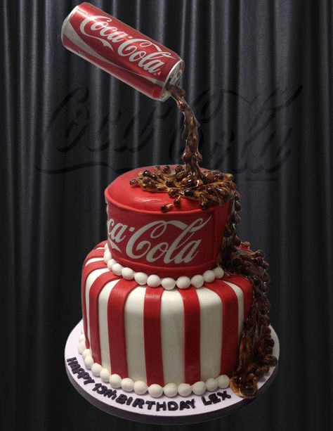 Coca Cola Cake Used a coke can to appear it was being poured onto cake. I actually airbrushed brown forst, then some black, to give a more... Coke Cake, Torte Creative, Coca Cola Cake, Inside Cake, Cola Cake, Gravity Defying Cake, Gravity Cake, Torte Cupcake, Cake Central