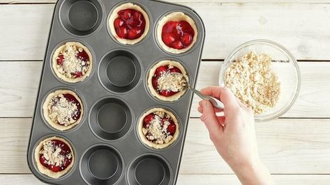 Mini Cherry Crumb Pies, Pillsbury Mini Pies, Recipes Using Pillsbury Mini Pie Crusts, Pillsbury Mini Pie Crust, Mini Cherry Pies In Muffin Tin, Pillsbury Mini Pie Crusts Recipes, Cherry Crisp Pie, Pillsbury Pie Crust Recipes, Cherry Pie Crumble