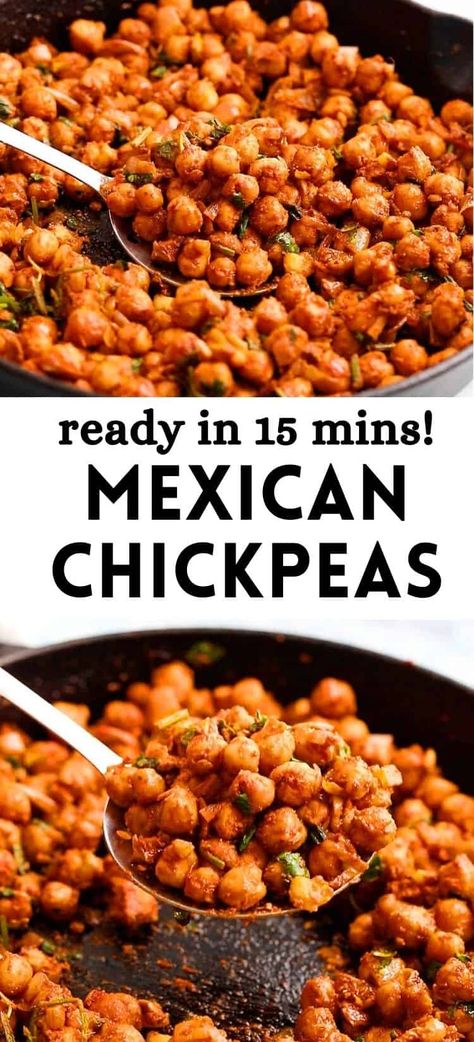 Mexican Chickpeas is an all-purpose recipe for filling tacos, topping salads, wrapping in lettuce, layering over nachos or making a vegetarian burrito bowl. Reader-beloved recipe - ready in under 15 minutes! Chickpea Burrito Recipes, Chickpea Burrito Bowl, Meatless Taco Bowl, Chickpea Taco Bowl, Chic Pea Tacos, Chickpea Taco Salad, Vegan Tex Mex Recipes, Mexican Chickpea Salad, Mexican Chickpea Recipes