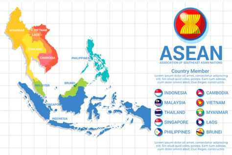 Peta Asean, Asean Map, Scientific Poster Design, Scientific Poster, Infographic Map, Flat Design Illustration, Kota Kinabalu, Luang Prabang, Country Maps