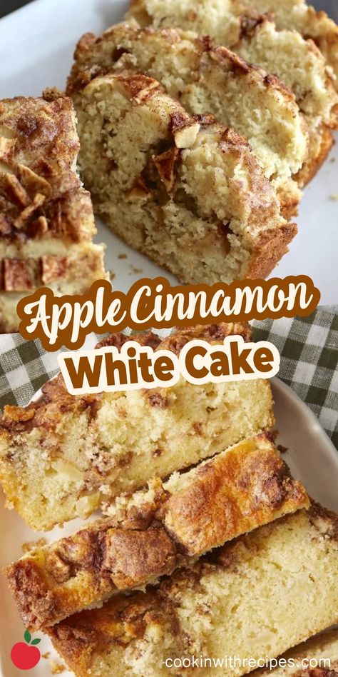 Apple Cinnamon White Cake Recipe - Cooking with Recipes Apple Cinnamon White Cake, Cinnamon Cake Recipes, Apple Tea Cake, Apple Cinnamon Cake, Apples And Cinnamon, Scoop Of Ice Cream, White Cake Recipe, Cinnamon Cake, Vanilla Cake Mixes