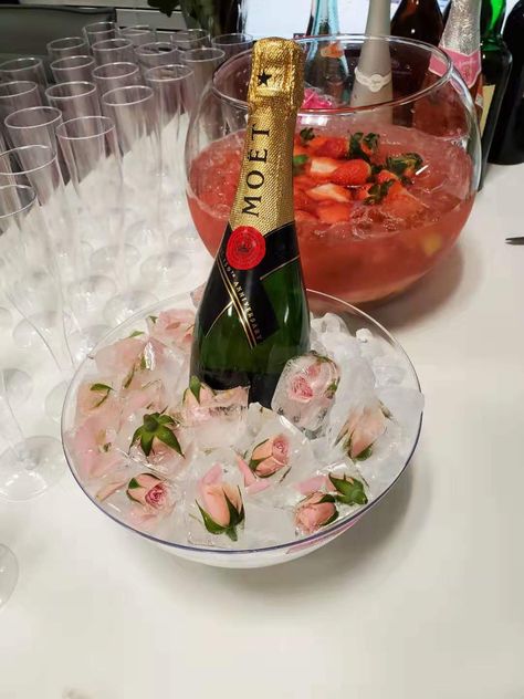 Champagne Bowl Decoration, Champagne In Ice Bucket, Champagne Set Up, Champagne Bucket Ideas, Champagne Ice Mold, Champagne Bucket Decor, Ice Bucket Decor, Champagne Table Decor, Champagne On Ice Bachelorette