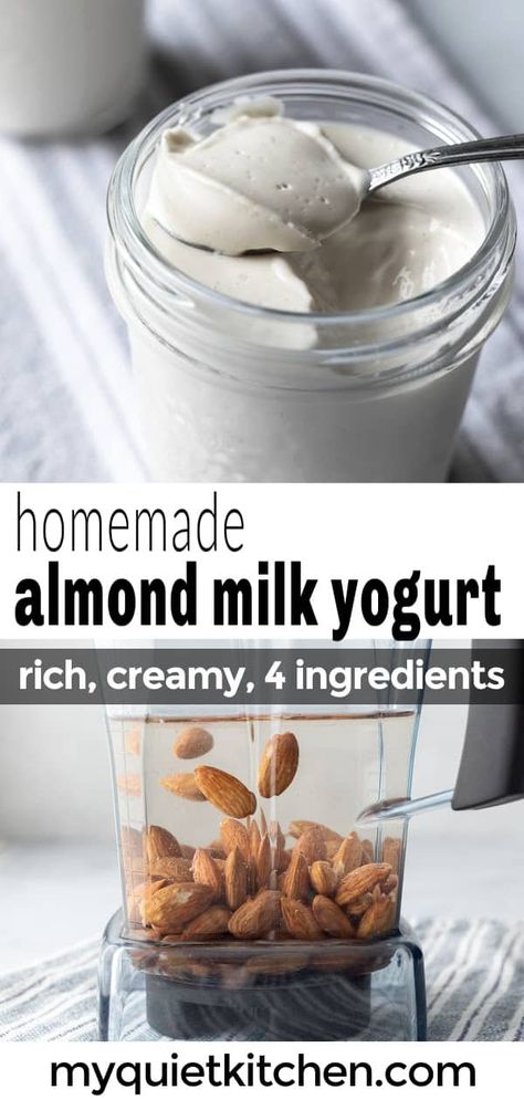 Almond milk yogurt tastes amazing and is easy to make at home with or without an Instant Pot. All you need are 4 ingredients and a few minutes of hands-on time. Then let it culture overnight, and wake up to perfectly tangy, healthy homemade yogurt. Almond Milk Yogurt Recipe, Homemade Almond Milk Yogurt, Dairy Free Yogurt Recipe, Vegan Yogurt Recipe, Deserturi Raw Vegan, Homemade Yogurt Recipes, Homemade Nut Milk, Yoghurt Recipe, Almond Milk Yogurt