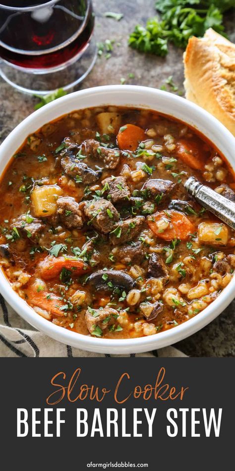 Slow Cooker Beef Barley Stew - A hearty, flavorful soup with tender beef and vegetables, plus plump barley. An easy crockpot recipe that's comfort in a bowl. Watch the video! #beefbarleystew #beefbarleysoup #crockpot #slowcooker #beef #soup #stew #barley Beef Barley Stew, Stew Easy, Barley Stew, Beef And Vegetables, Crockpot Recipes Beef Stew, Crockpot Stew, Beef Barley, Beef Barley Soup, Crockpot Recipe