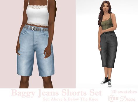 The Sims Resource - Baggy Jeans Shorts Set Sims 4 Baggy Shorts, Baggy Jeans Shorts, Denim Shorts Y2k, Lace Panel Top, Above The Knee Shorts, Knee Shorts, Cc Sims4, Sims Clothes, Baggy Tops