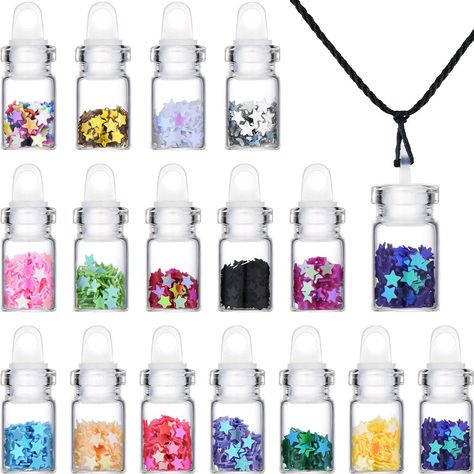 16 Pieces Pixie Dust Necklaces Mini Glass Bottle Necklace with Glitter for Girls, Festive Party Daily Supplies: Amazon.co.uk: Kitchen & Home Glass Bottle Necklace, Mini Glass Jars, Mini Glass Bottles, Fairy Birthday Party, Pendants Necklace, Fairy Necklace, Fairy Birthday, Fairy Parties, Bottle Necklace