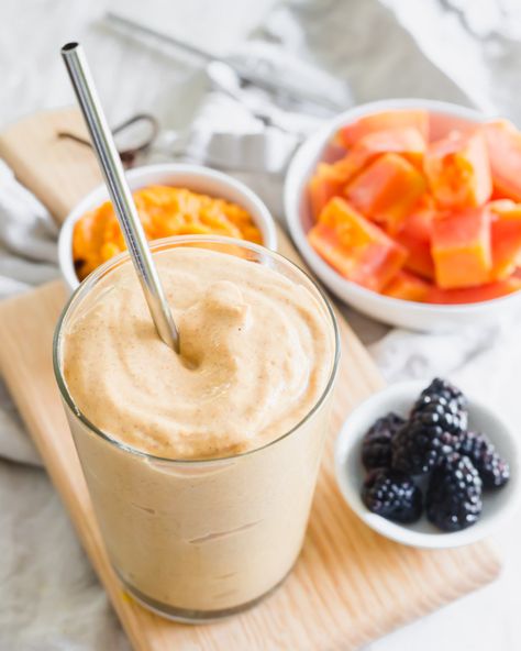 A nutrient-rich gut healing smoothie made with papaya, pumpkin and other gut-soothing ingredients to help promote a healthy digestive system. Gut Healing Smoothie Recipes, Gut Smoothies, Gut Healing Smoothie, Healing Meals, Juice Blends, Healing Smoothie, Papaya Recipes, Papaya Smoothie, Digestive Aid