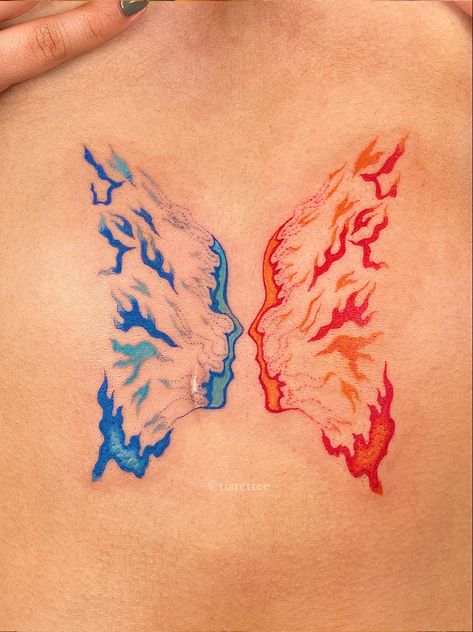 Fire Inspired Tattoo, Ice Tattoo, Twin Tattoos, Flame Tattoos, Theme Tattoo, Fire Tattoo, Red Ink Tattoos, Tatuaje A Color, Red Tattoos