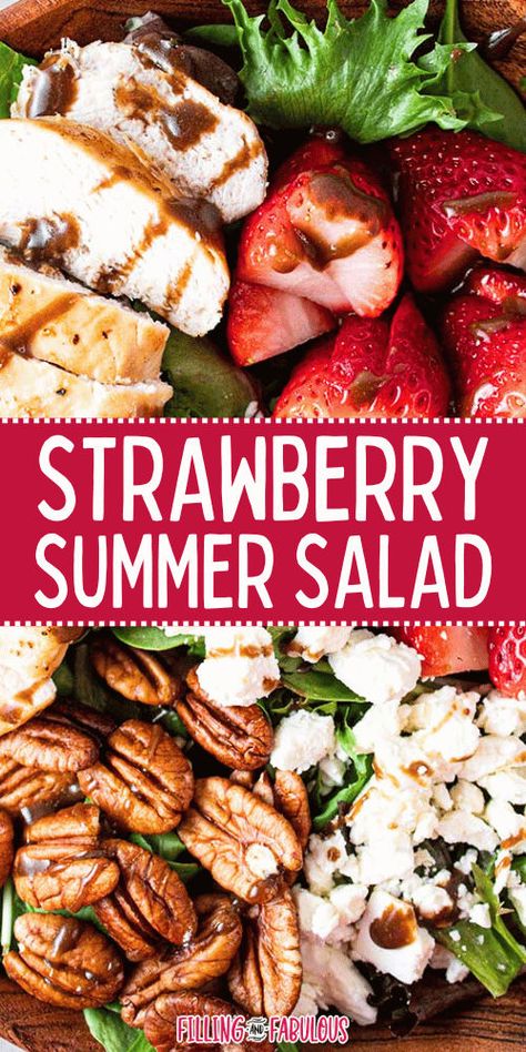 This Strawberry Summer Salad with chicken, feta, pecans, greens, and a homemade salad dressing is absolutely AMAZING! If you want to enjoy a light and fresh salad recipe, give this one a try. Strawberry Salad With Chicken, Strawberry Chicken Salad With Pecans, Summer Salad With Chicken, Summer Salads With Chicken, Chicken And Strawberry Salad, Strawberry Pecan Salad, Summer Chicken Salad, Antipasto Salad Recipe, Strawberry Chicken